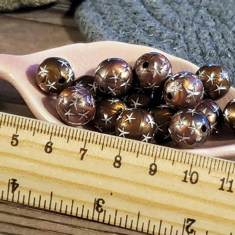 10 Vintage Retro Brown Silver Stars 12mm Round Acrylic Shabby Chic Beads
